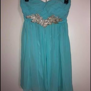Blue strapless prom dress